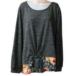 Avenue Gray Pullover Oversized Sweater with Tie Front Layered Look Pop Of Color